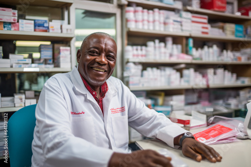 Doctor sitting at desk and drug store counter, joyful and optimistic.african influence