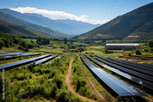 Solar Photovoltaic Panels. Solar Panels in the Countryside. solar energy panels on the hillside with beautiful landscape in background. Solar Energy in the Mountains. This is a natural source of elect