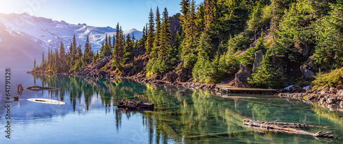Glacier Lake with trees and Canadian Mountain Landscape. Garibaldi Lake, Whistler, BC, Canada.