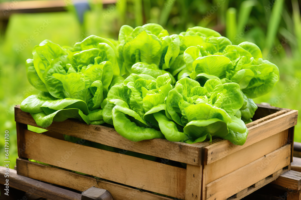 Organic Farm Freshness: Green Cos Lettuce in Wooden Crate Organic Farm Freshness: Green Cos Lettuce in Wooden Crate