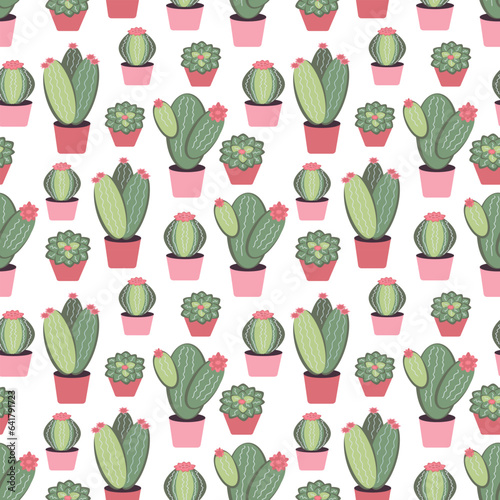 Seamless pattern indoor cartoon cactus succulents of different shapes on white background. Houseplants in pots. Vector illustration.