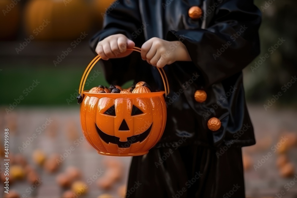 Closeup of Trick or Treat Jack o lantern candy basket, Halloween October 31st celebration illustration