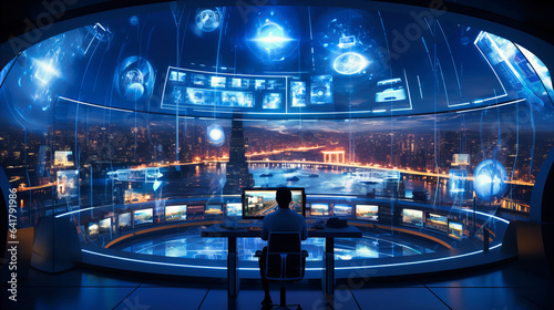 A futuristic command center where virtual assistants orchestrate a harmonious dance of data streams, responding to user queries from all over the world