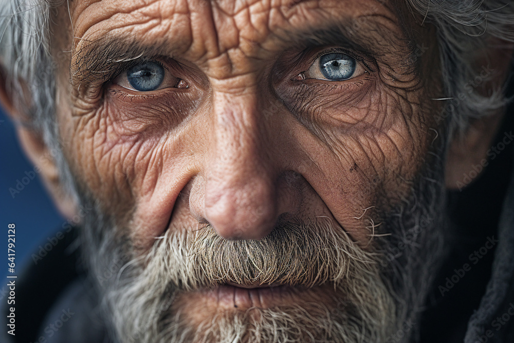 Close up generated ai picture of old elderly upset unhappy man with a wrinkled face living alone Close up generated ai picture of old elderly upset unhappy man with a wrinkled face living alone