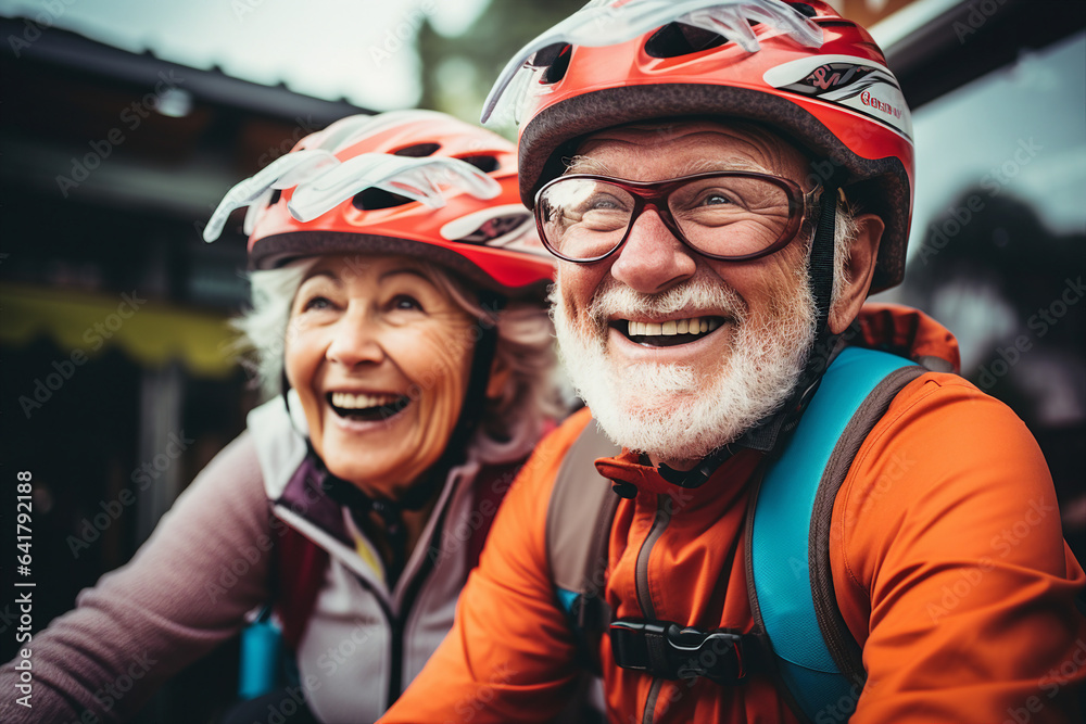 Generative AI photo of retired funny people in protective helmets riding bike together walking park exploring city outdoors Generative AI photo of retired funny people in protective helmets riding bike together walking park exploring city outdoors
