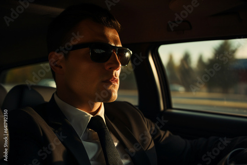 Generative AI photography of confident man inside car looking out of the window traveling by country © deagreez