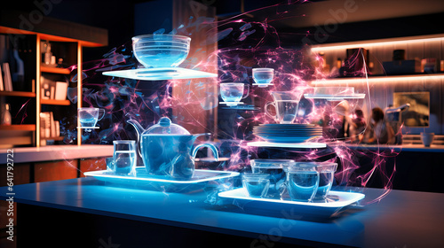 A digital kitchen where holographic recipes guide hands-free cooking with levitating utensils