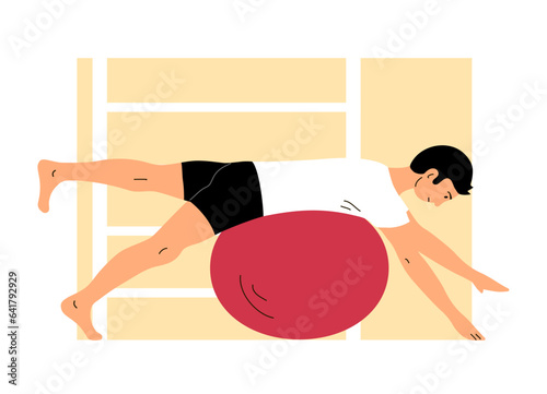 Young man doing exercises on a gymnastic ball. Balance on the ball. Relaxation and balance. Flat vector illustration