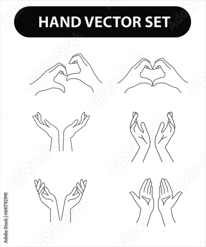 Woman s hand icon collection line. Vector Illustration of female hands of different gestures - symbol Gun  Fuck You  heart. Lineart in a trendy minimalist style.