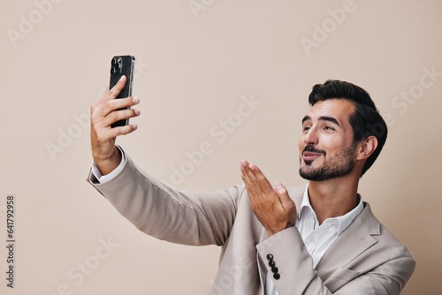 man hold happy call portrait business phone smartphone suit smile application