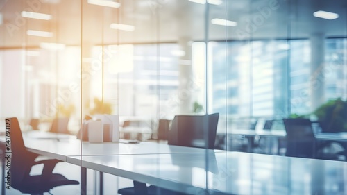 Blurred space of office with big glass window and light bokeh background