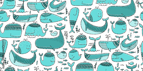 Funny wild whales family. Childish style, turquoise colors. Seamless pattern background for your design