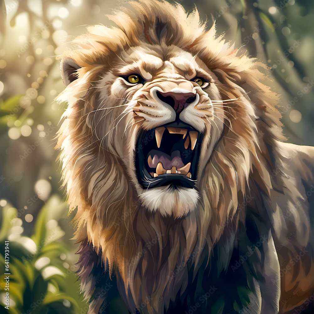 Angry lion king roaring on a jungle, Generative AI