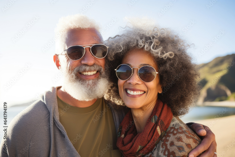 An aged man and a woman in sunglasses take a selfie on the beach An aged man and a woman in sunglasses take a selfie on the beach