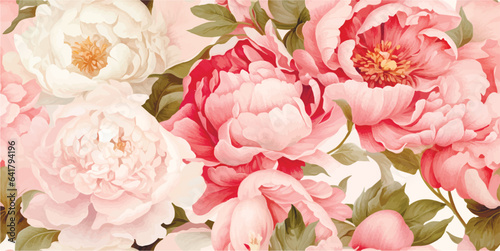 Seamless boho floral pattern with pink peony flowers. Retro collage pattern. Contemporary print for wedding stationary, greetings, wallpapers, fashion, backgrounds, textures, DIY, wrappers, cards