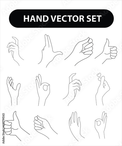 Woman's hand icon collection line. Vector Illustration of female hands of different gestures - symbol Gun, Fuck You, heart. Lineart in a trendy minimalist style.