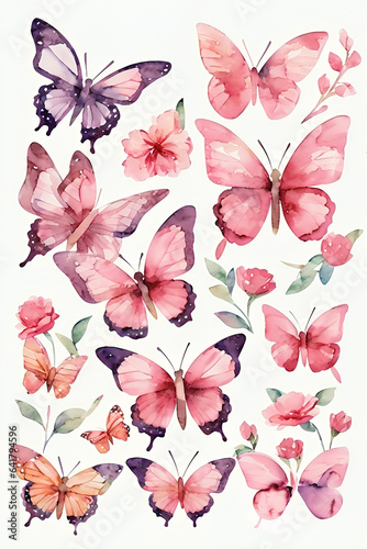 Butterfly collection. Watercolor illustration. Colorful Butterflies clipart set. Pink butterfly. Girl baby shower design elements. Party invitation, birthday celebration. Spring or summer decoration © Al Bari