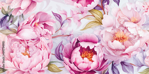 Seamless boho floral pattern with pink peony flowers. Retro collage pattern. Contemporary print for wedding stationary, greetings, wallpapers, fashion, backgrounds, textures, DIY, wrappers, cards