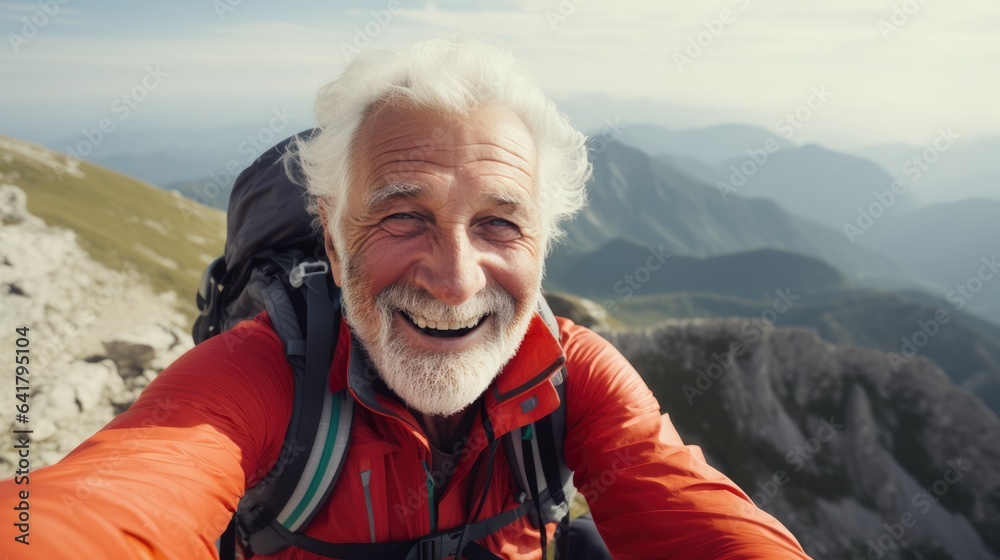 Happy elderly man taking a selfie at mountain viewpoint. Generative AI