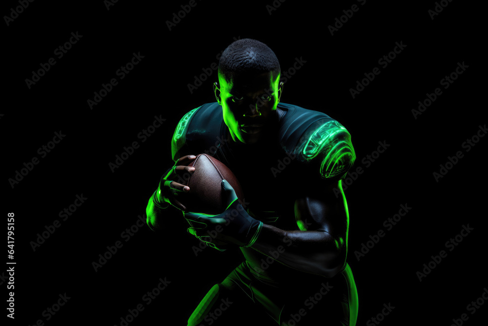 Powerful Football Athlete in Dramatic Isolated Lighting: Concept for Strength in Competition, Athletic Determination, and US Culture - Generative AI