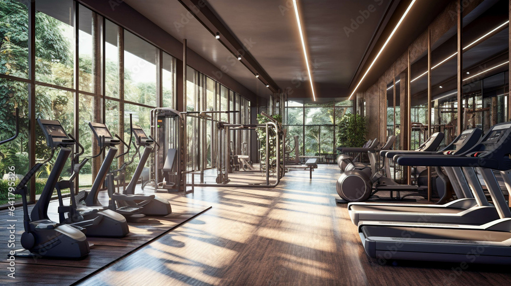 Futuristic Gym Room With Eco-Friendly Architecture And Plants. Advanced Sport Equipment For Future Of Gym And Healthcare. Concept Of Fitness Room. Generative AI