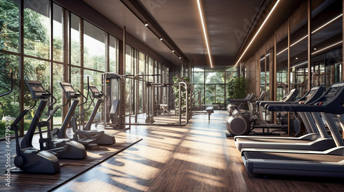 Futuristic Gym Room With Eco-Friendly Architecture And Plants. Advanced Sport Equipment For Future Of Gym And Healthcare. Concept Of Fitness Room. Generative AI