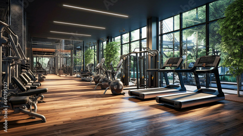 Ultra-Modern Gym Room With Eco-Friendly Architecture. Advanced Sport Equipment For Future Of Gym And Healthcare. Futuristic Concept Of Fitness Room. Generative AI