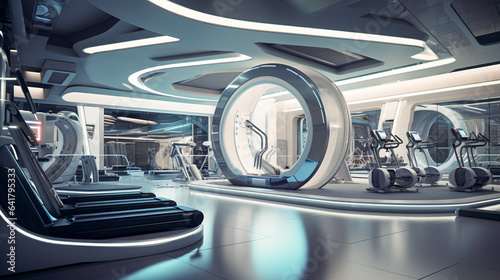 Futuristic Fitness Room with Advanced Equipment. Future Of Gym and Health. Architecture Concept Of Gym Room. Generative AI