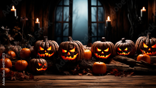 Iconic Halloween pumpkin lantern in room illuminated by moonlight. Generative AI © REC Stock Footage