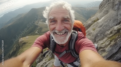 Happy elderly man taking a selfie at mountain viewpoint. Generative AI