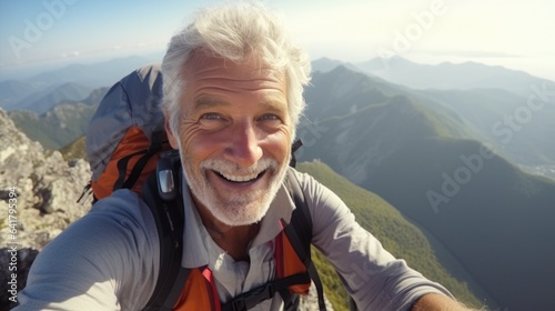Happy elderly man taking a selfie at mountain viewpoint. Generative AI