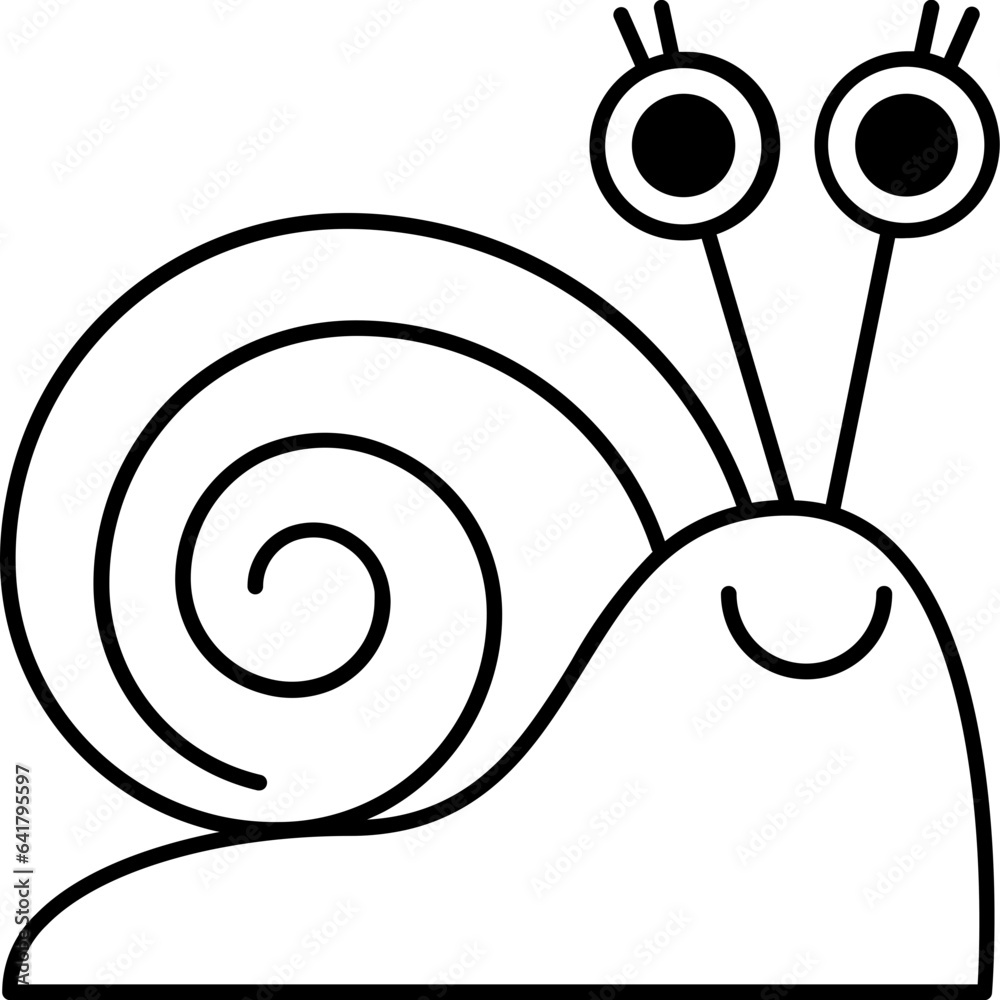 Icône SVG d'un gentil escargot avec de grands yeux, dessin au trait noir, thème du jardin et de la nature, personnage style dessin animé rigolo et mignon