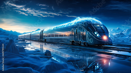 A polar express train equipped with advanced heating tech, offering luxurious expeditions to the Arctic with zero environmental harm