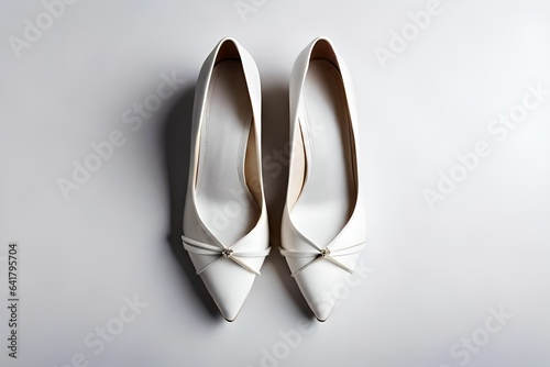 a white pair of women's shoes on white background, overhead view.