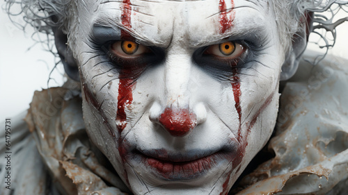 Chilling Halloween festivity. Closeup of spooky maleficent clown. Generative AI