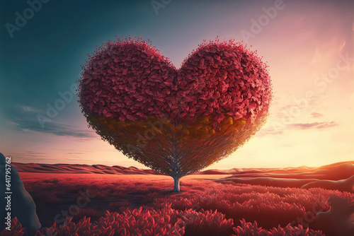 Heart Tree  Love For Nature - Red Landscape at Sunset  ai generated 