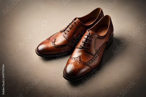 a pair of leather shoes on wooden background