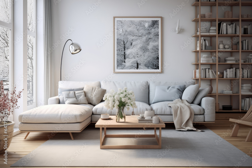 Fototapeta premium Warm tones of modern living room interior with minimal art decor design, Home interior concept, contemporary room.