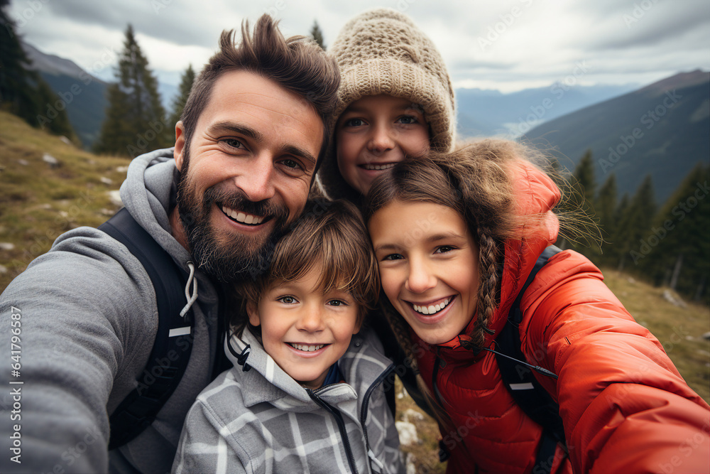 Generative ai collage photo of travelers enjoy hiking on high peak mountains Generative ai collage photo of travelers enjoy hiking on high peak mountains