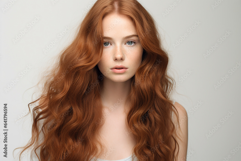 Generative AI portrait of fashion model red hair girl advertising hair coloring salon