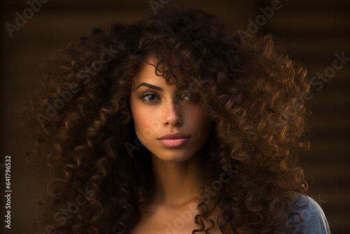 Generative AI portrait picture of young attractive multinational female with volume afro curls