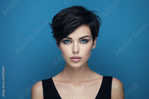 Generative AI portrait of fashion model brunette hair short haircut hairstyle photo
