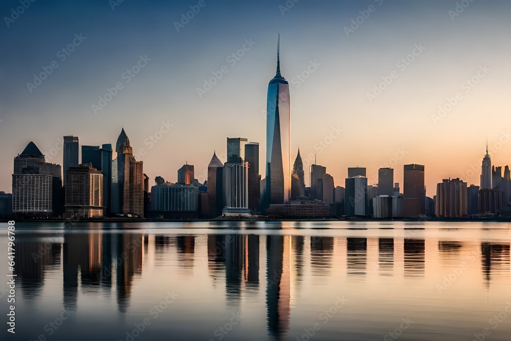 Fototapeta premium city skyline at sunset generated by AI technology