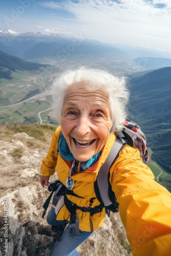 Happy elderly woman taking a selfie at mountain viewpoint. Generative AI