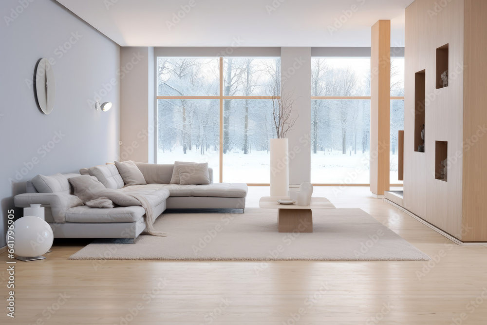 Fototapeta premium Warm tones of modern living room interior with minimal art decor design, Home interior concept, contemporary room.