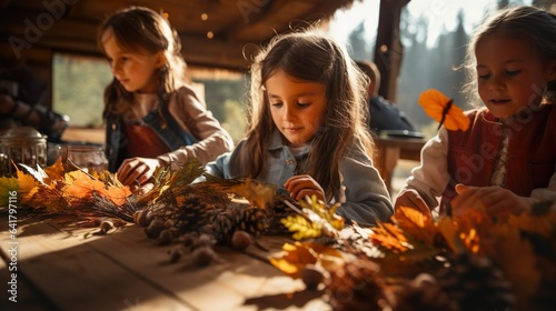 Kids Crafting Art with Leaves, Pinecones, and Twigs at Campsite, generative Ai