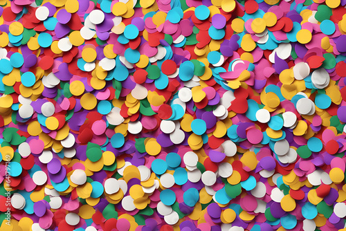 A lively backdrop of colorful flying paper and shiny round confetti sets the mood for a joyful party