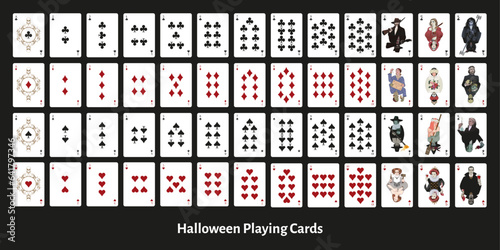 Complete poker of playing cards inspired by Halloween. Mythical characters from the world of Terror and Fantasy. Vampires, Werewolves, Witches and Wizards, Alchemists and necromancers.