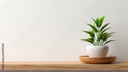 a green plant in a pot on a wooden table against a white wall