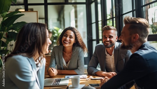 Group of business people having a meeting in the office. They are smiling and talking.